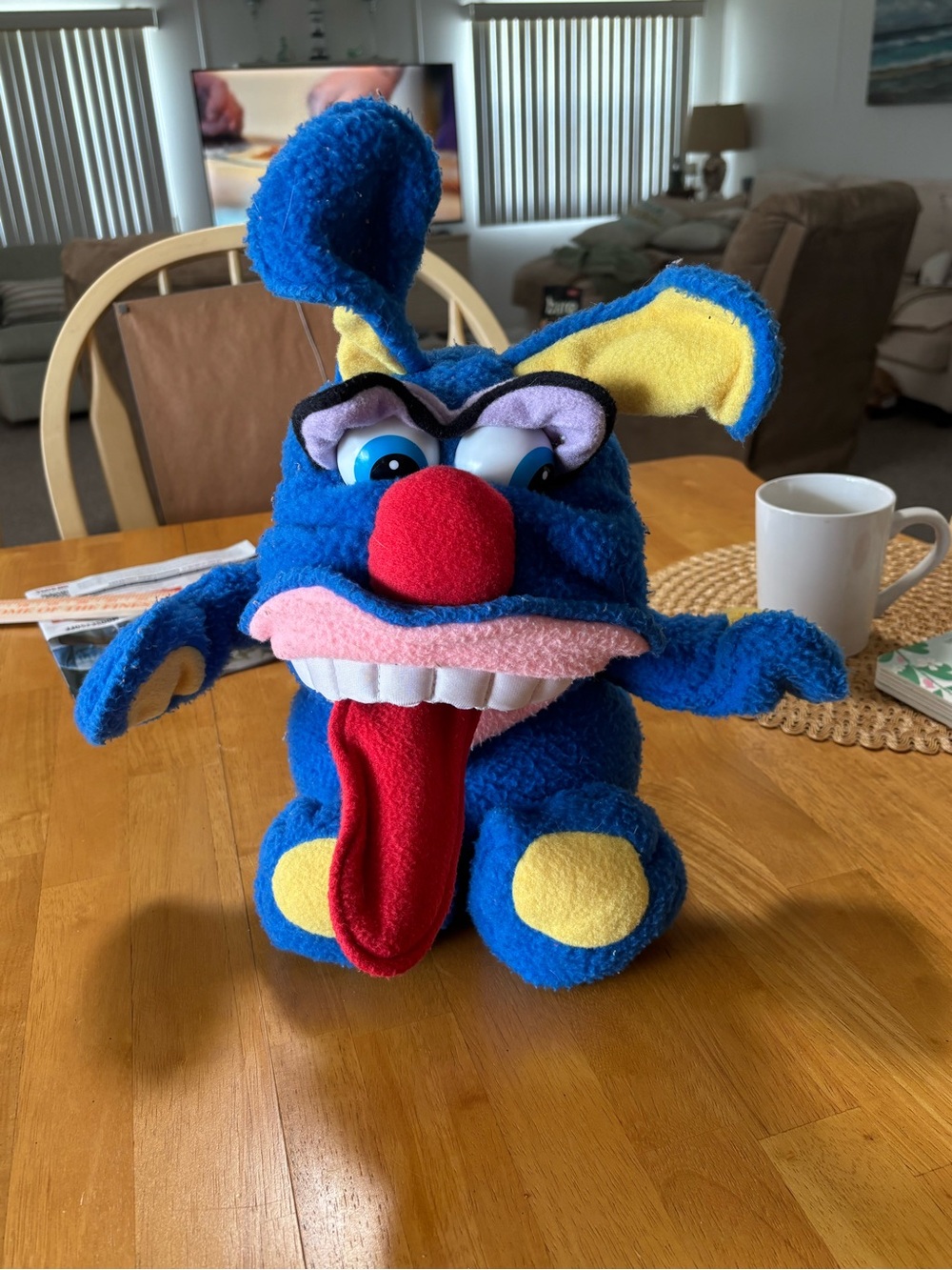 Fisher-Price Blue Plush Bunny with Red Tongue and Yellow Accents